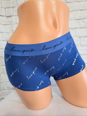 PINK Victoria's Secret Blue Silver Foil Bling Logo Boyshort Panty New Medium